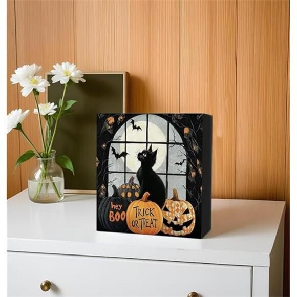 Halloween Signs, Halloween Black Cat Wooden Box Sign, Black Cat Halloween - Picture 4 of 6